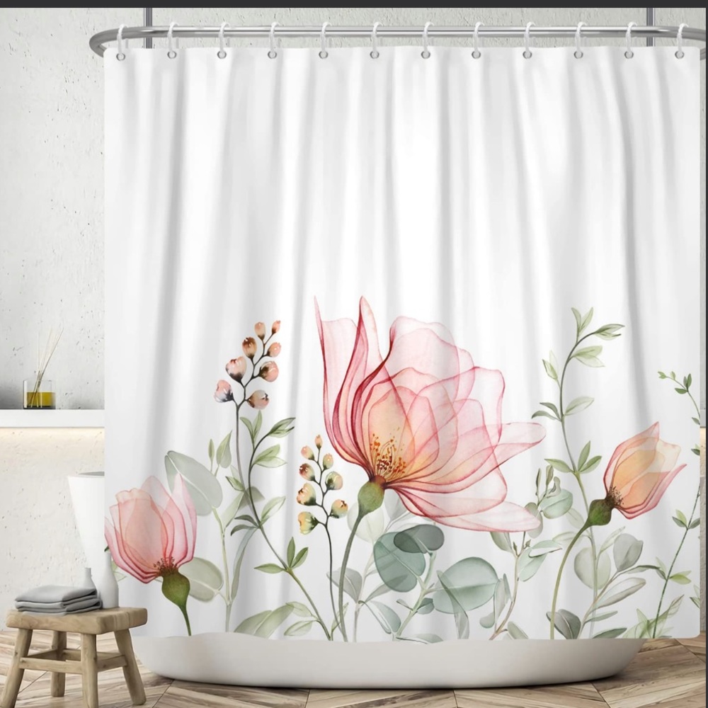 Floral Shower Curtain Watercolor Pink Flower Blossoming Green Plant